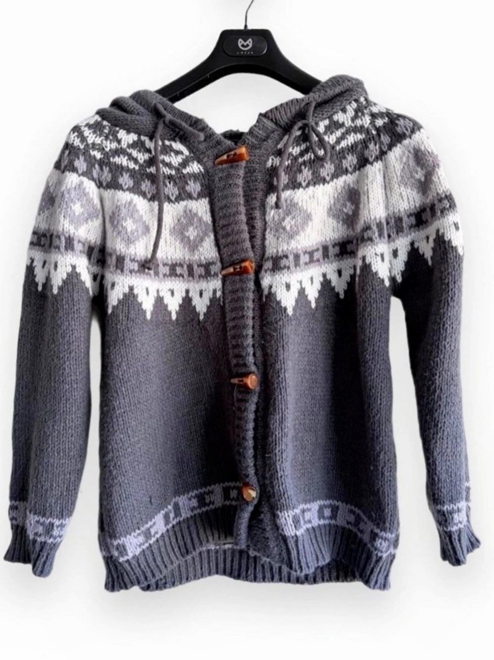 Nordic Fair Isle Geometric Inspired Hoodie Knit Cardigan Gray White - MEDIUM